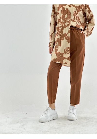 Vioshine Kadın Scuba Beli Lastikli Cepli Double Paça Pantolon-kahve Kahverengi