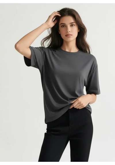 Enva Store Kadın Oversize Fit Yuvarlak Yaka Modal Basic T-shirt Tişört Antrasit