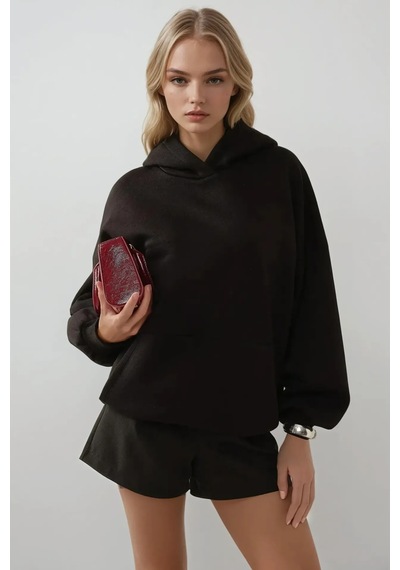 Hiccup Extra Oversize Kapüşonlu Kalın Polarlı Hoodie Siyah