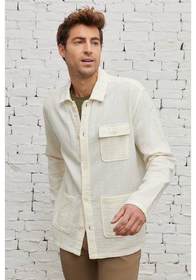 AC&Co / Altınyıldız Classics Erkek Bej Comfort Fit Rahat Kesim Gizli Düğmeli Yaka %100 Pamuk Kışlık Gömlek Ceket Bej