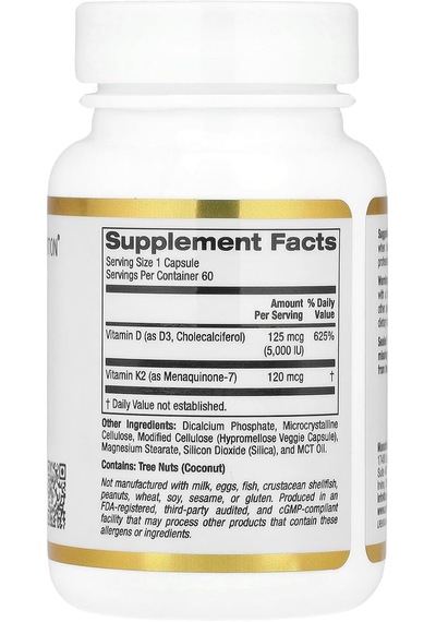 California Gold Nutrition Vitamin D3 + K2, 5000 Iu 60 Veggie Caps