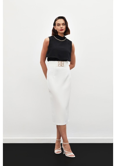 Sateen Aksesuar Detaylı Kalem Etek - Ekru-134580 Ekru