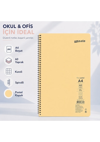 Mynote Flex Pastel A4 60 Yaprak 60 Gr Spiralli Kareli Defter Sarı