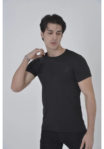 Erkek Göğüs File Aksesuarlı T-shirt - Siyah Siyah