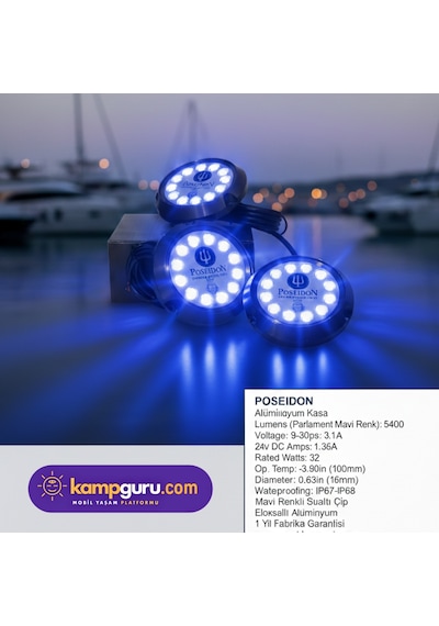 Poseidon Yeni 12 Ledli Mavi 12 Volt - 24 Volt, 40 Watt Led Su Altı Aydınlatma