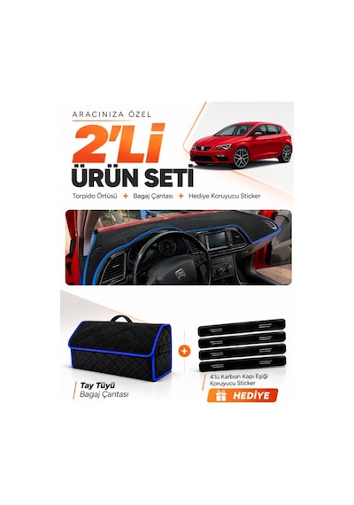 E-biz Seat Leon 2013-2020 Uyumlu Torpido Örtüsü + Tay Tüyü Bagaj Çantası Seti - Siyah-mavi - Se006