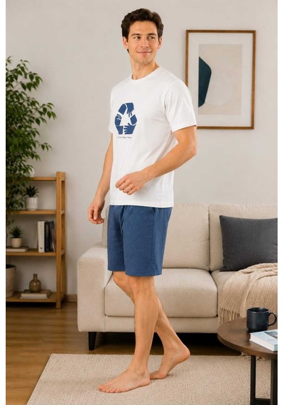 Tenra Erkek Kısa Kollu Şortlu Baskılı %100 Pamuk Pijama Takımı Ev Giyim Beyaz