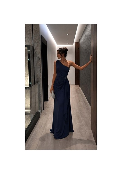 Lior Design Kadın Sade Tek Omuz Kemerli Maxi Abiye Elbise Lacivert