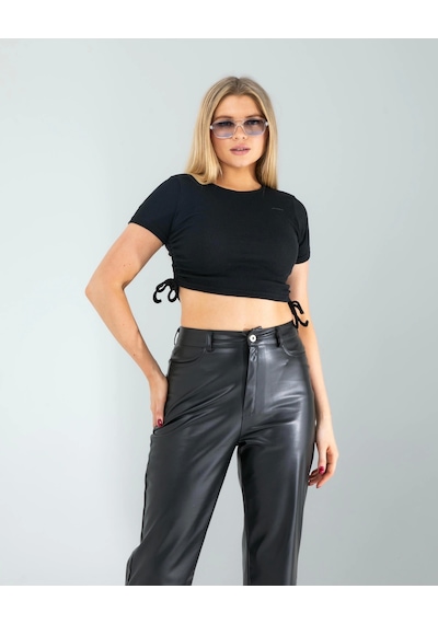 Siyah Yandan Büzgülü Crop Çok Renkli