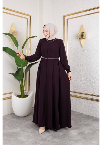 Nevayla Moda Yaka Ve Bel Nakış Detaylı Ferace - Mürdüm / F0143 Mürdüm