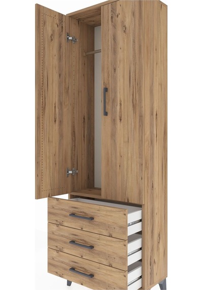 Arges Dolap Tek Raflı 3 Çekmeceli Tek Askılı 60x30x182 Çam-çam Çam