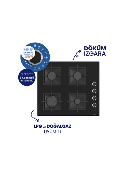 Flowart Digital QBL63CS+SC205-FA+D080-SA Siyah Kaymaz Döküm Izgaralı Cam Ankastre Set