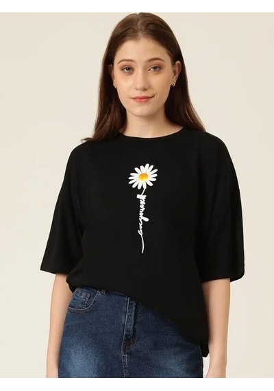 Kadın Papatya Baskılı T-shirt Kısa Kol Bisiklet Yaka Oversize Tişört - Siyah