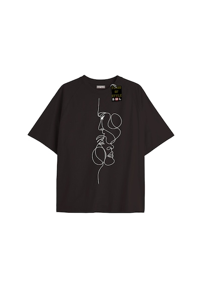 Flood Of Style Siyah Oversize T-shirt Yüz Çizimi Özel Tasarım
