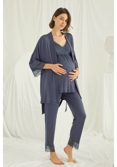 Burdagel Monamise Kadın Lacivert Hamile Lohusa Sabahlıklı Pijama Takım 184