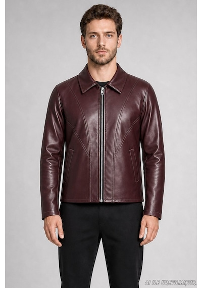 Freemen Erkek Fermuarlı Regular Fit İçi Kürklü Suni Deri Ceket-418 Bordo