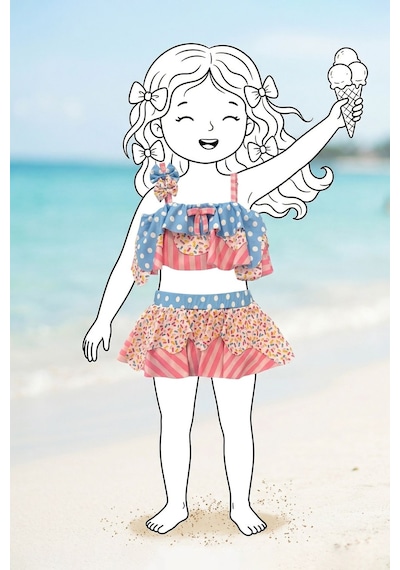 Zuzunga Fırfırlı Kız Çocuk Renkli Şeker Desenli Bikini Takımı Pembe