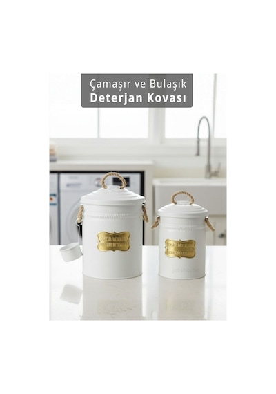 2'li Set Deterjan Kovası Çamaşır Bulaşık Kutusu Ölçekli Galvaniz Metal Beyaz Beyaz