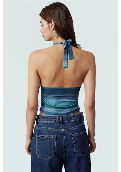 Ersefa Vücuda Oturan Boyundan Bağlamalı Crop Bluz Polyester Elastan Sand Indigo