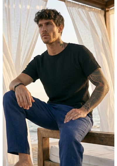 Combattente Exclusive Products Kısa Kol Oversize Müslin Erkek Tshirt - 2026 Erkek Tişört Kreasyonu Siyah