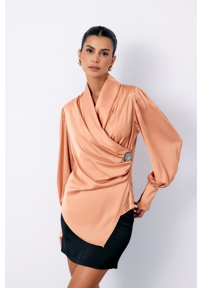 Sateen Broşlu Kruvaze Bluz - Somon-135120 SOMON