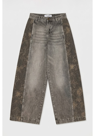 Itsbasic Kadın Kot Rengi 4s6-16 Süper Baggy Balon Fit Nakış Detaylı Özel Tasarım Denim Jean Mavi