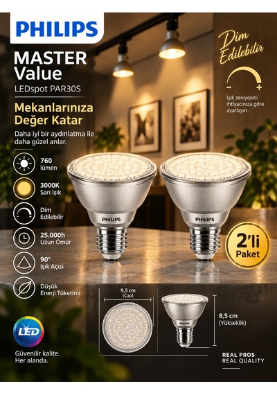 2 Adet Philips 9.5w 3000k Sarı Işık E27 Duylu 760 Lümen Dim Edilebilir Par30 Ampul