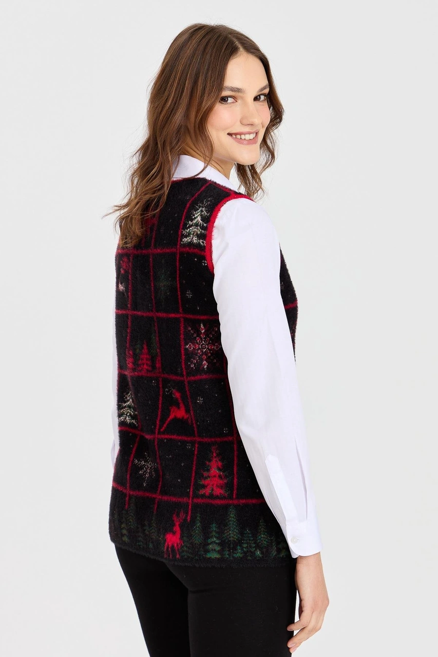 Desen Triko Kadın V Yaka Patchwork Yılbaşı Desenli Yelek Siyah Siyah
