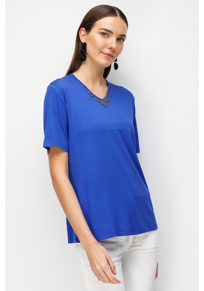 Kadın V Yaka Yakası Nakış İşlemeli Penye T-shirt Saks Saks