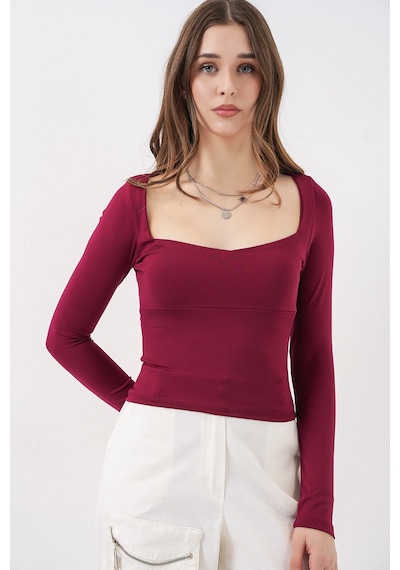 Bigdart Kadın Kare Yaka Slim Fit Bluz 986 - Bordo