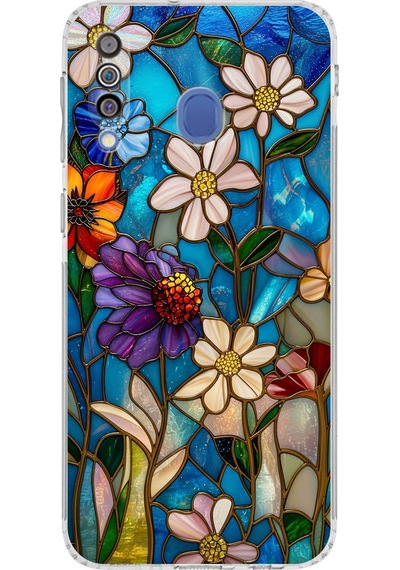 Printify Samsung Galaxy M30 İle Uyumlu Vitray Mavi Bahar Tasarımlı Şeffaf Silikon Kılıf Şeffaf
