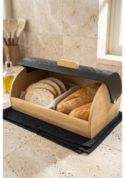 Bambu Gövdeli Siyah Pane Ekmek Dolabı 38x25x18.5 Cm - Mekanizmalı Metal Kapaklı Ekmeklik