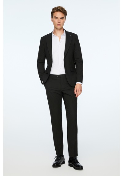 Morven Erkek Siyah Poliviskon Basic Düz Slim Fit Sivri Yaka Takım Elbise 26mc001078001 Siyah