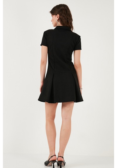 Lela Regular Fit Fermuarlı Polo Yaka Kısa Kollu Pileli Süet Bayan Elbise 5866438 Siyah