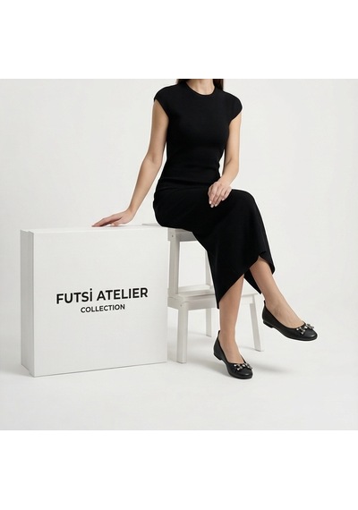 Futsishoes Mıstral Siyah Hakiki Deri Taş Aksesuar Detaylı Kadın Babet Ayakkabı