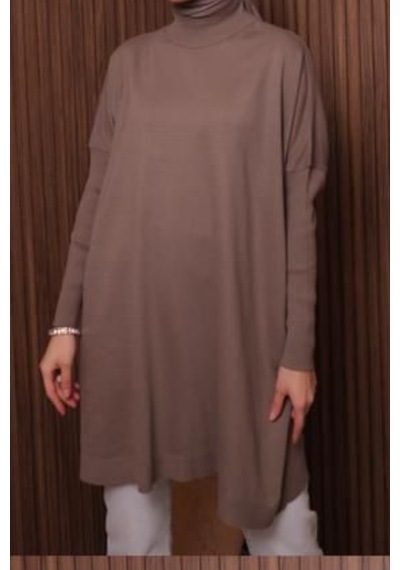 Balenbi Kadın Dik Yaka Basic 80cm Salaş Oversize Triko Tunik 1145 Toprak