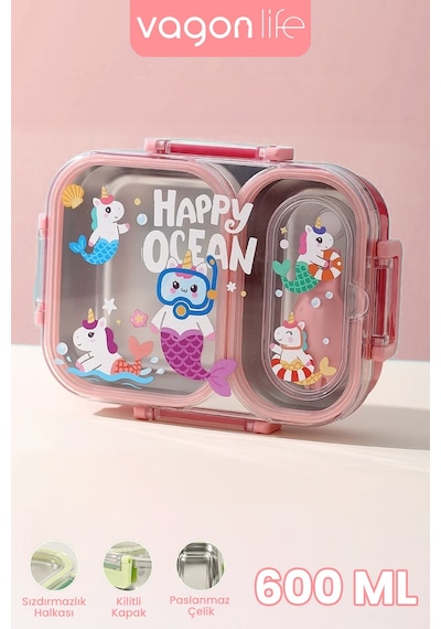 600 Ml Sızdırmaz İki Bölme Paslanmaz Çelik Lunch Box Yeni Nesil Sefer Tası Çatallı Kaşık Ff7163 Pembe