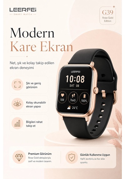 Dokunmatik Ekranlı Rose Gold Akıllı Saat Kablosuz Şarj Özellikli Günlük Kullanım