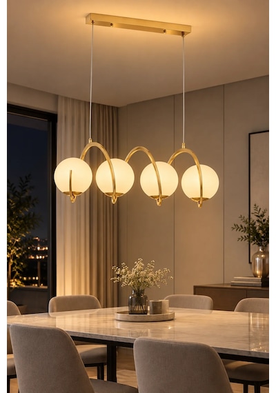 Modern Premium Gold 4'lü Sarkıt Avizesi Ampül Hediyeli Küreli Lüks Salon Mutfak Modelleri E14 Duy