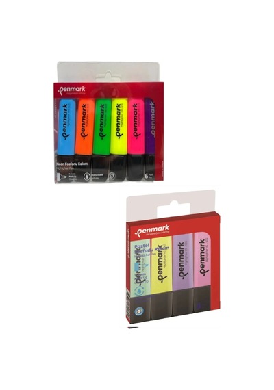 6lı Neon Fosforlu Kalem + 4lü Pastel Fosforlu Kalem Çok Renkli4
