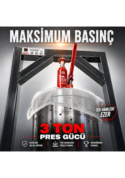 Çezgrup Premium 22 Litre Paslanmaz Çelik Üzüm Sıkma Presi 3 Ton Krikolu 304 Çelik Sepetli Gümüş
