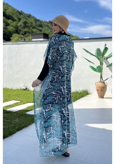 Remsa Tesettür Mayo Üzerine Triko Örme Tek Kaftan Pareo 430-t12 Çizgi Yaprak Ekru