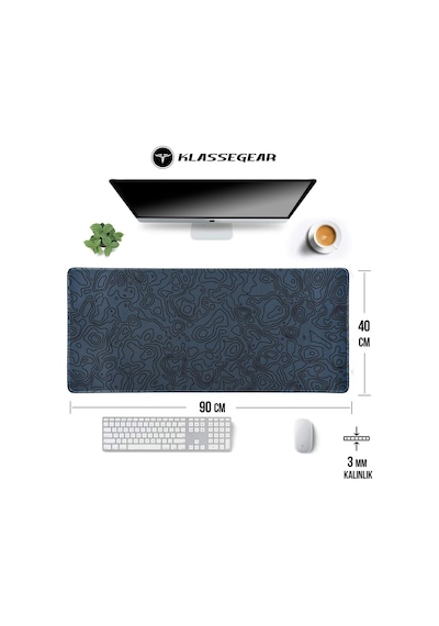 Klasse Pro - 10 Farklı Model Dikişli Kenar 90x40 Cm Oyuncu Gaming Mouse Pad Dark Grey Map Lines, 90x40 Cm