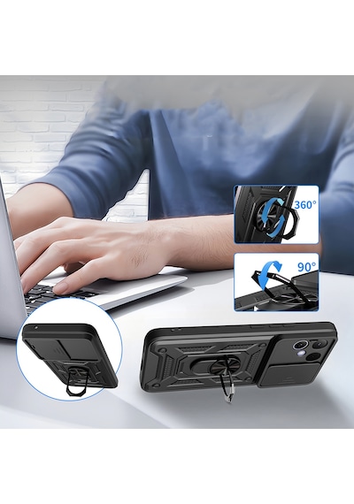 Tecno Pova Curve 2 Kılıf Magnetik Standlı Kamera Korumalı Zore Sürgülü Vega Kapak - Siyah