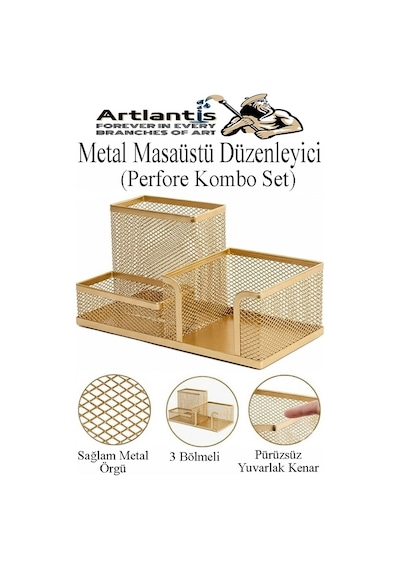 Masaüstü Metal Kalemlik Seti 3 Lü Kombo 1 Paket Fileli Perfore Renkli Kalemlik Kağıtlık Küpnotluk Düzenleyici Sarı