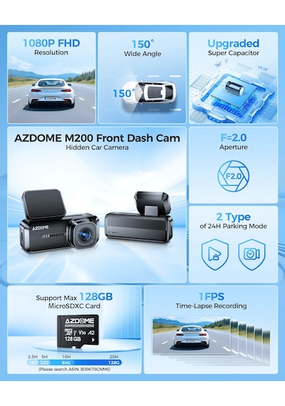 Azdome M200 Araç Kamerası WIFI 1080P Full HD Gece Görüşü