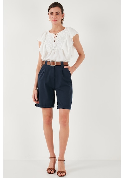 Lela Pamuklu Relaxed Fit Yüksel Bel Kemerli Gabardin Short Bayan Şort 668Yp4710 Lacivert