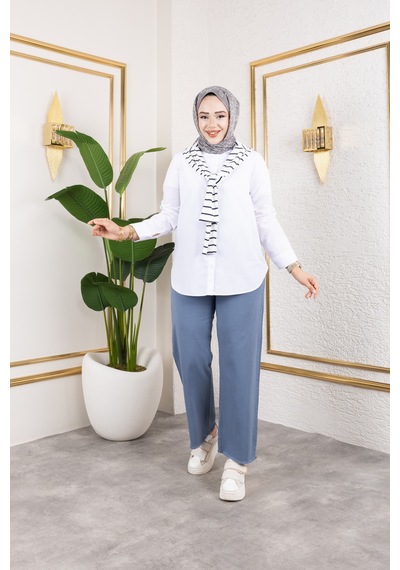 Nevayla Moda Beli Lastikli Keten Pantolon - Mavi / A0104 Mavi