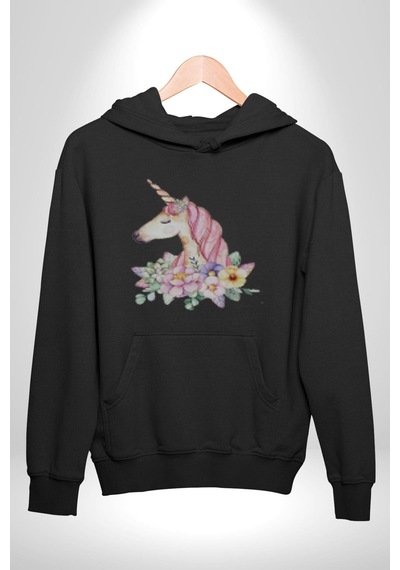 Unicorn Çiçek Kadın Erkek Siyah Kapüşonlu Sweatshirt Hoodie Siyah