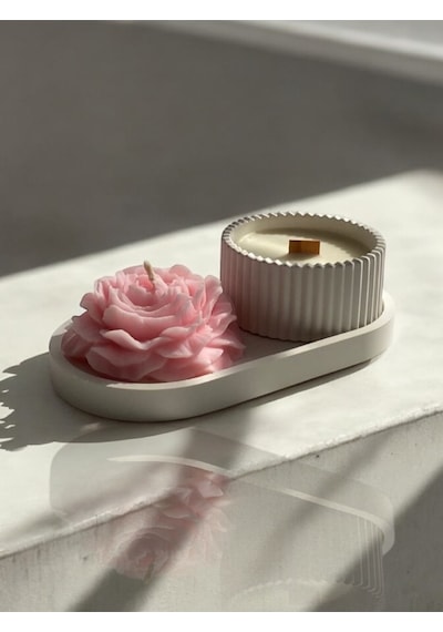 Bernami Mumluk Şamdanpinterest Dekoratif Oval Tabak & Şakayık Mum & Beton Çizgili Mumluk Set Diğer